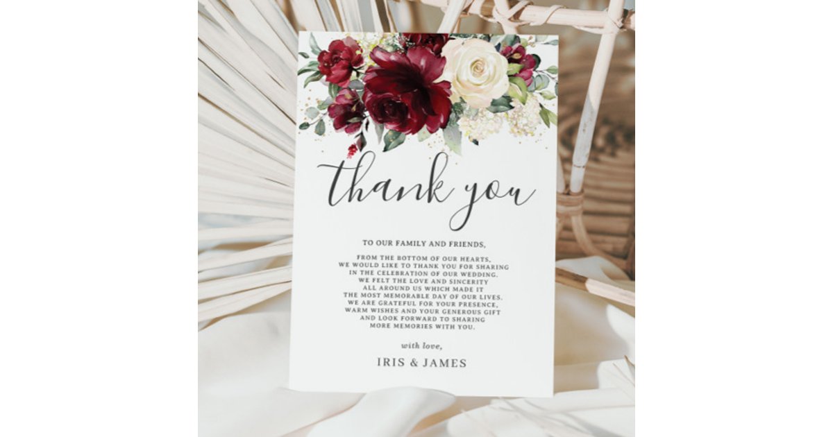 Elegant Burgundy Ivory White Floral Wedding Thank You Card | Zazzle