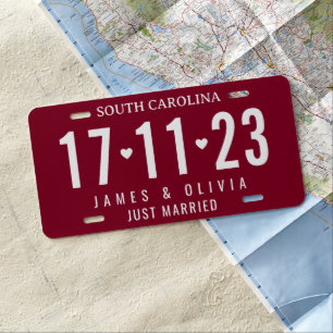 Elegant Burgundy Just Married Custom Wedding License Plate