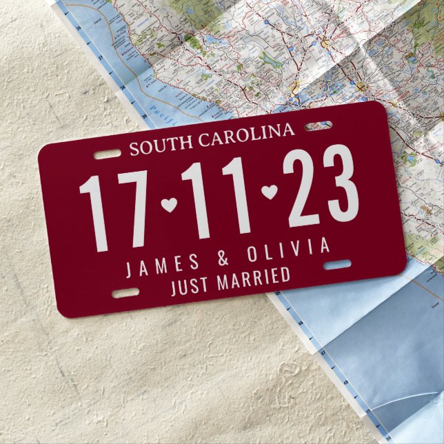 Elegant Burgundy Just Married Custom Wedding License Plate (In Situ)