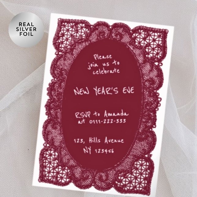 Elegant Burgundy Lace Trendy New Year’s Eve Party Foil Invitation (Creator Uploaded)