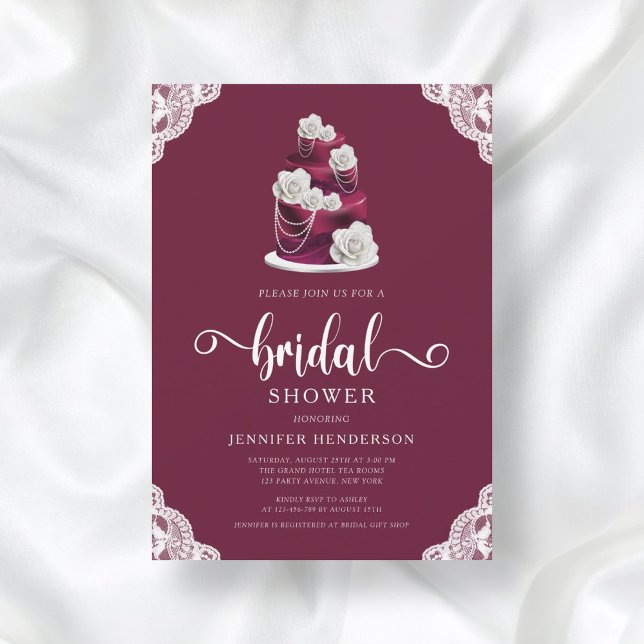 Elegant Burgundy Lace Wedding Cake Bridal Shower Invitation (Creator Uploaded)