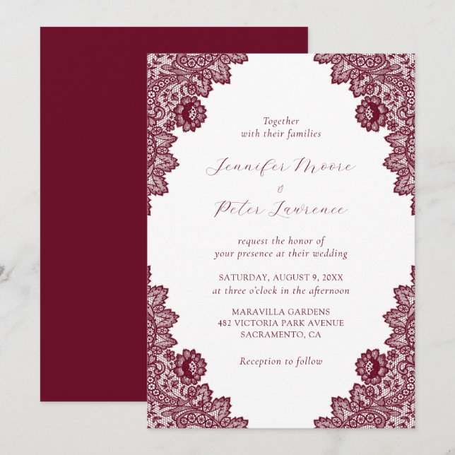 Elegant Burgundy Lace Wedding Invitation (Front/Back)