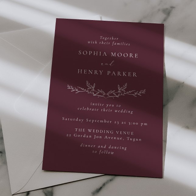 Elegant Burgundy Leaf Line Art Wedding  Invitation (Creator Uploaded)