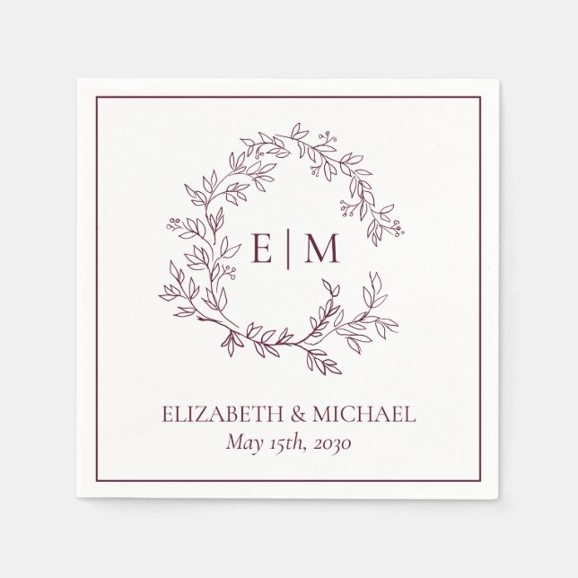 Elegant Burgundy Leafy Crest Monogram Wedding Napkins (Front)