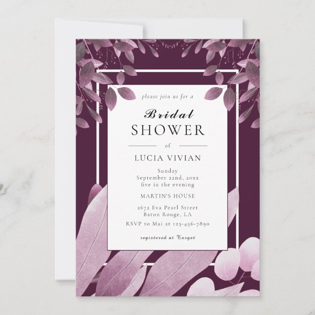 Elegant Burgundy Leaves Bridal Shower Invitation (Front)