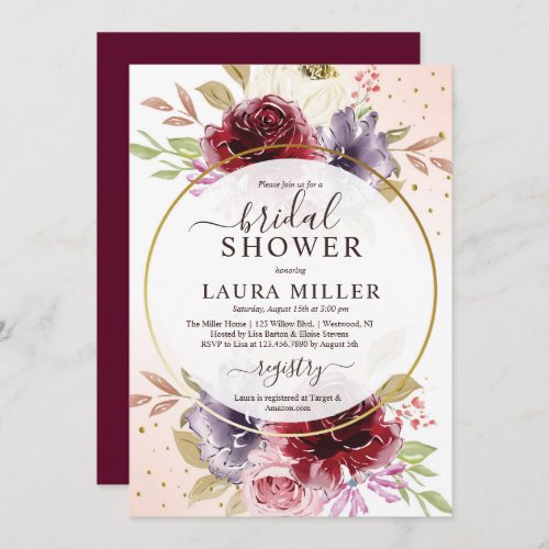 Elegant burgundy lilac pink roses bridal shower invitation