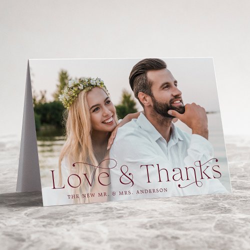 Elegant Burgundy Love and Thanks Wedding Photo Thank You Card