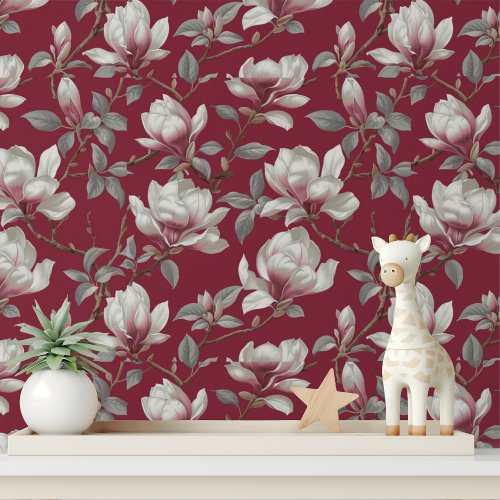 Elegant Burgundy Magnolia Floral Pattern Wallpaper