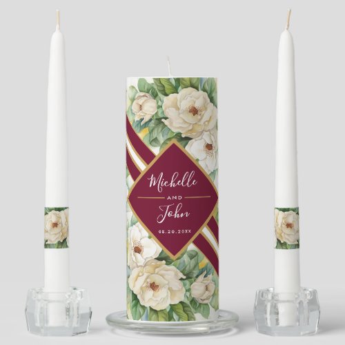 Elegant Burgundy Magnolia Name Floral Greenery Unity Candle Set