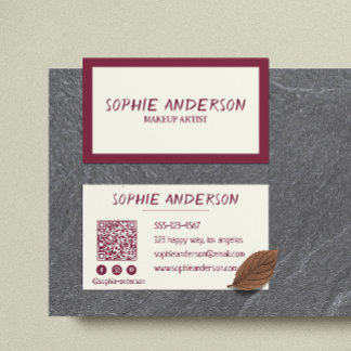 Elegant Burgundy Makeup Artist with QR Code Business Card