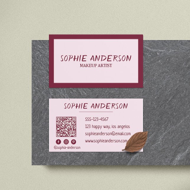 Elegant Burgundy Makeup Artist with QR Code Business Card (Creator Uploaded)