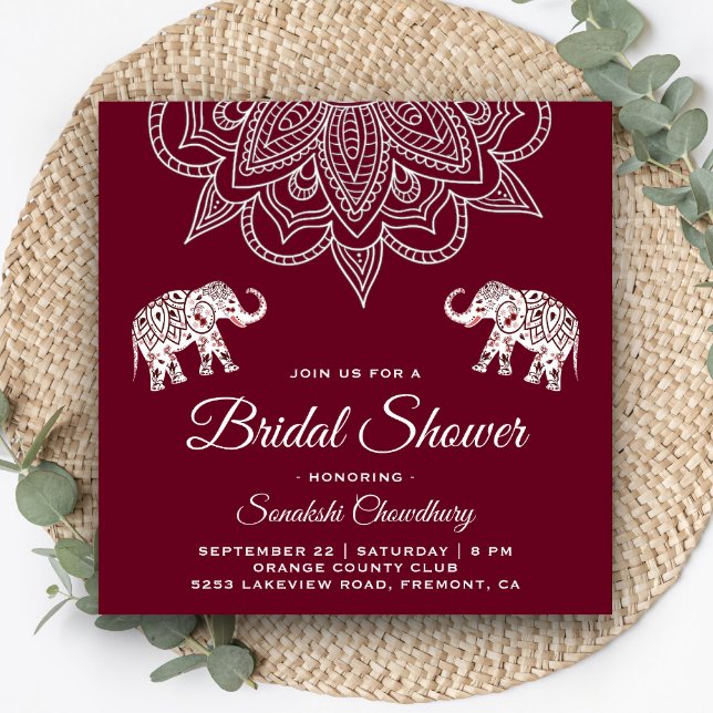 Elegant Burgundy Mandala Indian Bridal Shower Invitation