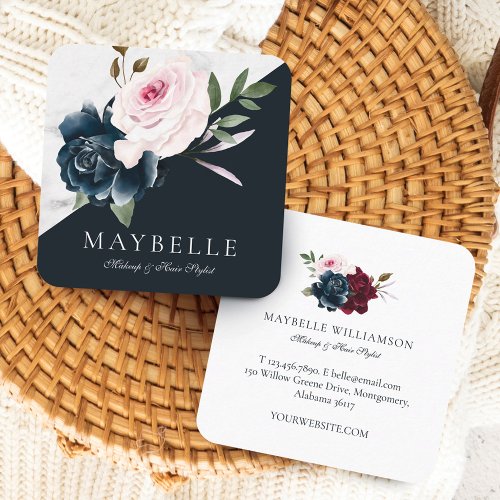 Elegant Burgundy  Marble Watercolor Floral Navy Square Business Card