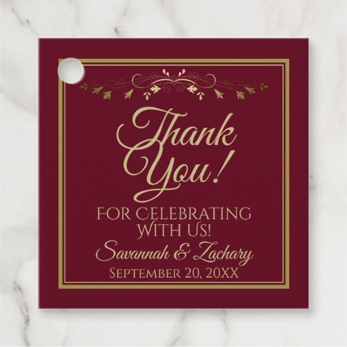 Elegant Burgundy Maroon  Gold Wedding Thank You Favor Tags