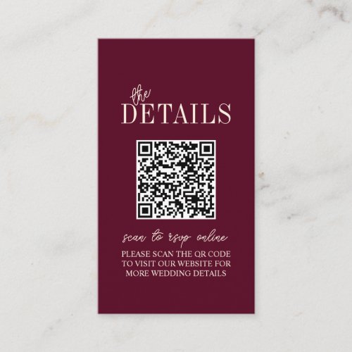 Elegant Burgundy Maroon Minimalist Wedding Qr Code Enclosure Card