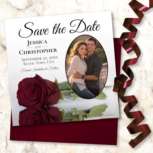 Elegant Burgundy Maroon Rose  Oval Photo Wedding Save The Date