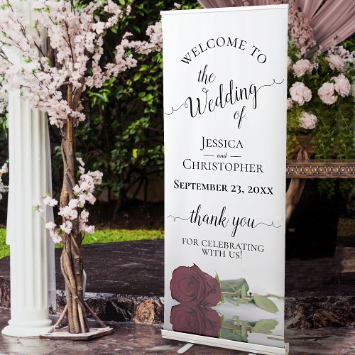 Elegant Burgundy Maroon Rose Wedding Welcome Retractable Banner
