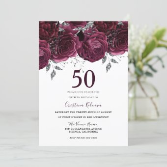 Elegant Burgundy Maroon Roses 50th Birthday Party Invitation 