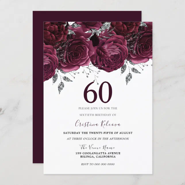 Elegant Burgundy Maroon Roses 60th Birthday Party Invitation | Zazzle