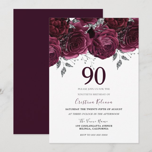 Elegant Burgundy Maroon Roses 90th Birthday Party Invitation (Front/Back)