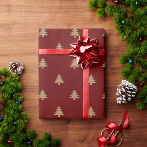 Elegant burgundy maroon wine gold Christmas trees Wrapping Paper