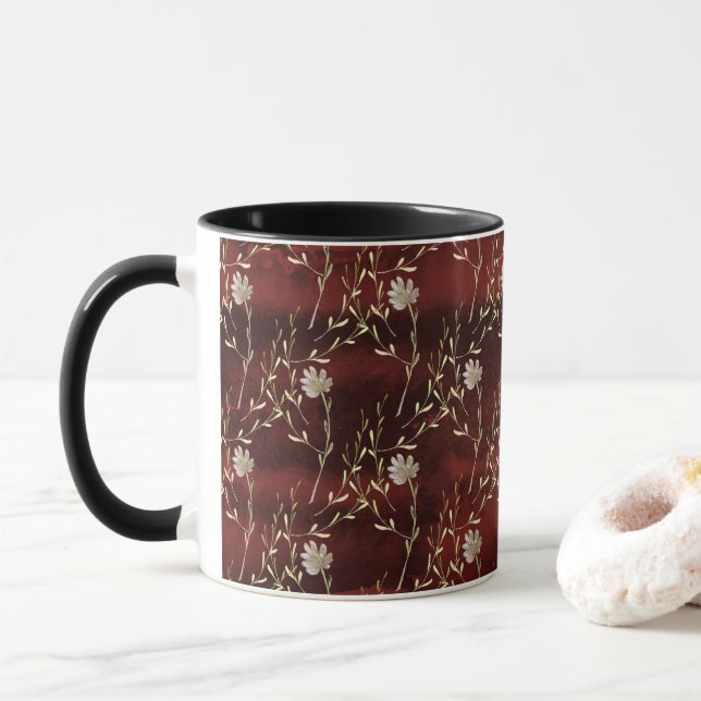 Elegant Burgundy Marsala Floral Black Mug (With Donut)
