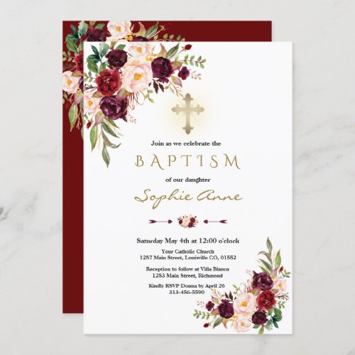 Elegant Burgundy Marsala Floral Cross Baptism Invitation