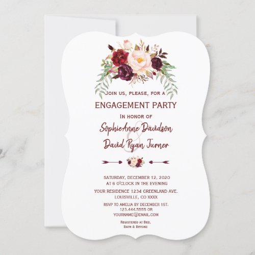 Elegant Burgundy Marsala Floral Engagement Party Invitation