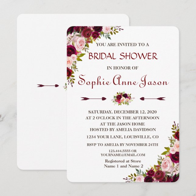 Elegant Burgundy Marsala Floral Fall Bridal Shower Invitation (Front/Back)