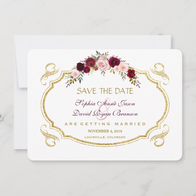 Elegant Burgundy Marsala Floral Fall Save The Date (Front)