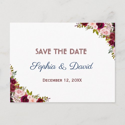 Elegant Burgundy Marsala Floral Fall SAVE THE DATE Announcement Postcard