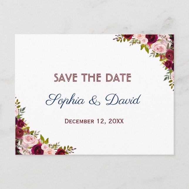 Elegant Burgundy Marsala Floral Fall SAVE THE DATE Announcement Postcard (Front)
