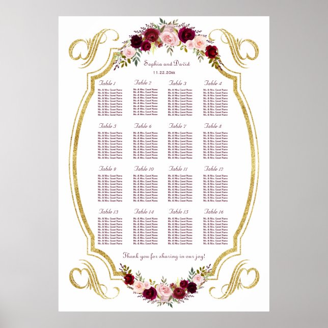 Elegant Burgundy Marsala Floral Fall Seating Chart (Front)
