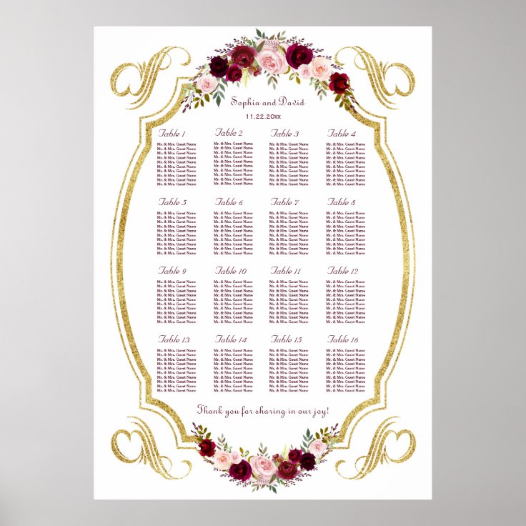 Elegant Burgundy Marsala Floral Fall Seating Chart | Zazzle