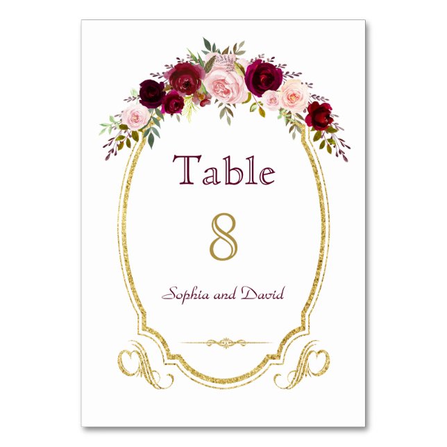 Elegant Burgundy Marsala Floral Fall Table Number (Front)