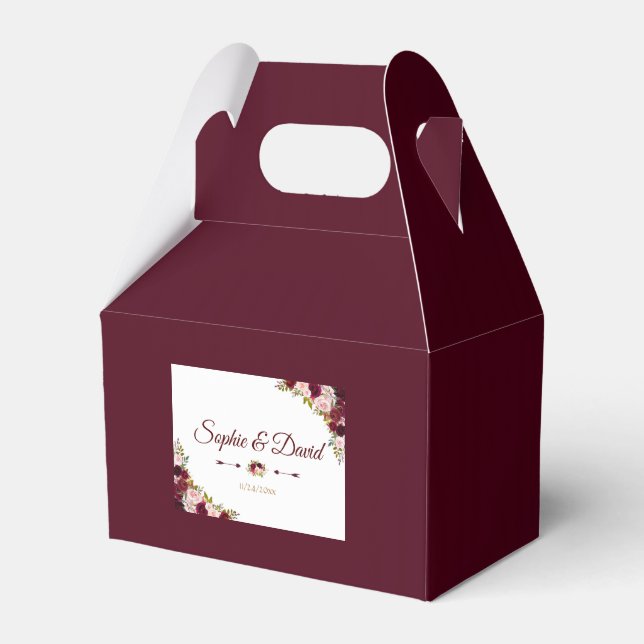 Elegant Burgundy Marsala Floral Fall Wedding Favor Boxes (Front Side)