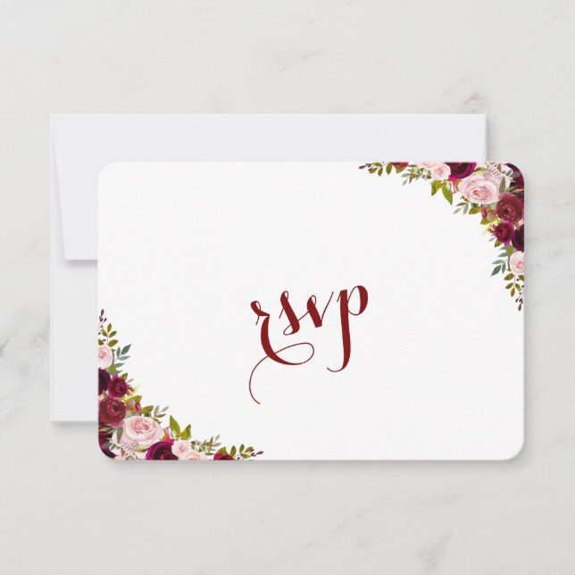 Elegant Burgundy Marsala Floral Fall Wedding RSVP Card (Front)