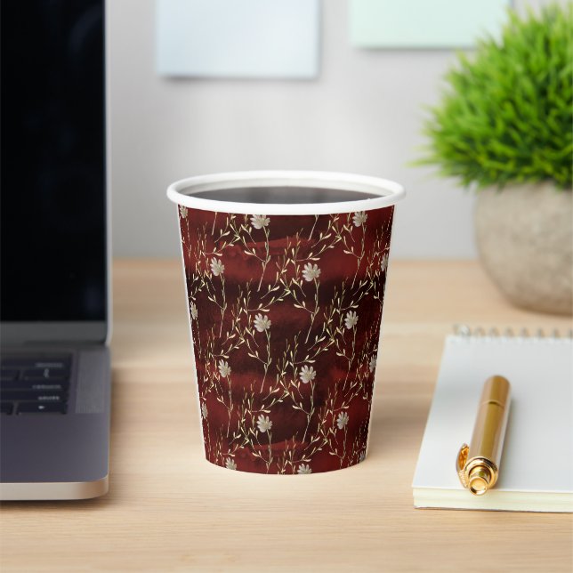 Elegant Burgundy Marsala Floral  Paper Cups (Insitu)