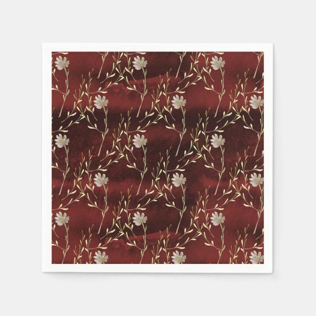 Elegant Burgundy Marsala Floral Party Paper Napkins (Front)