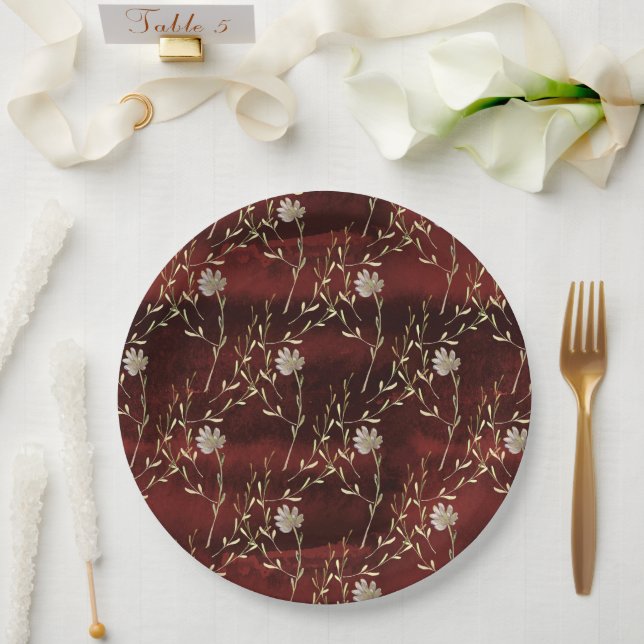 Elegant Burgundy Marsala Floral Party  Paper Plates (Wedding)