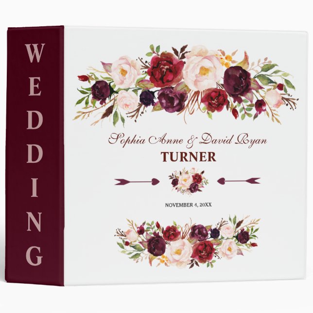 Elegant Burgundy Marsala Floral Wedding 3 Ring Binder (Front/Spine)