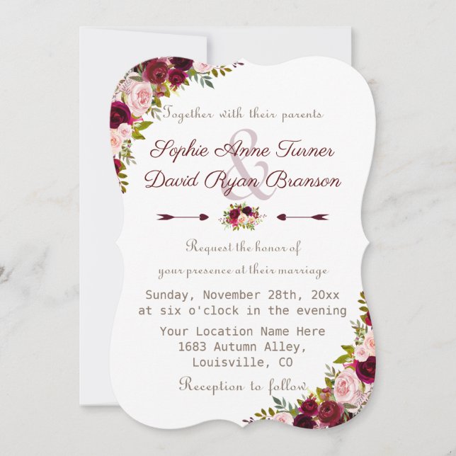 Elegant Burgundy Marsala Floral Wedding Invitation (Front)