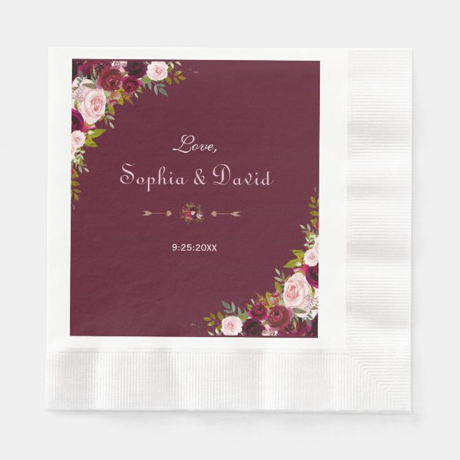 Elegant Burgundy Marsala Floral Wedding Napkins (Front)