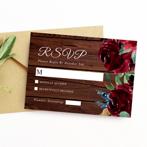 Elegant Burgundy  Marsala Flowers Wood Wedding RSVP Card