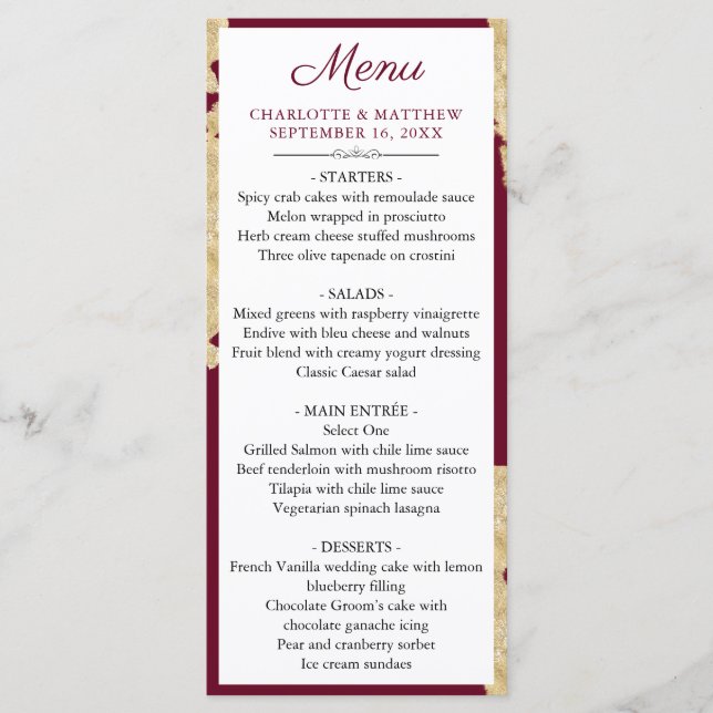 Elegant Burgundy Marsala & Gold Wedding Menu (Front)