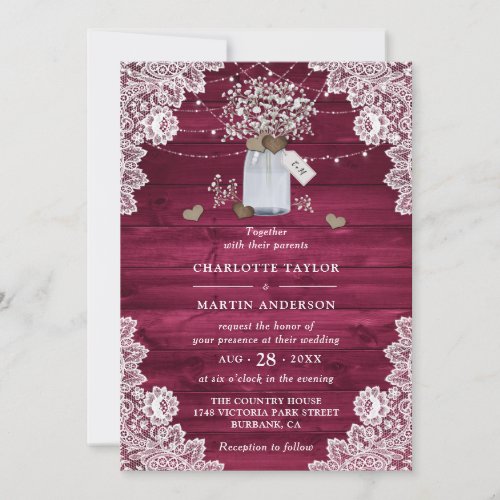 Elegant Burgundy Mason Jar Monogram Floral Wedding Invitation