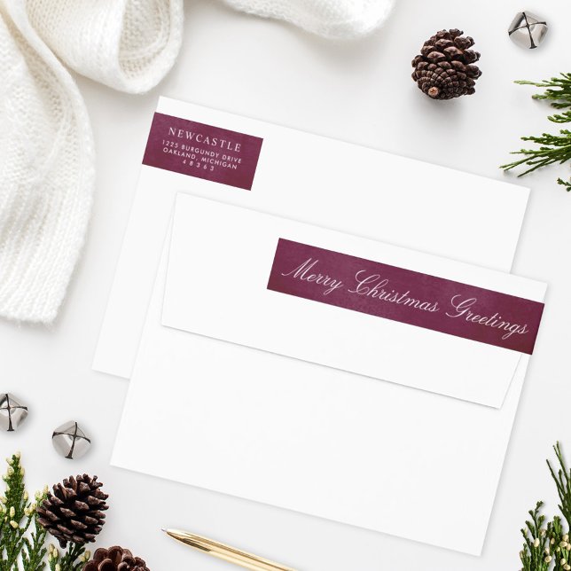 Elegant Burgundy Merry Christmas Greetings Wrap Around Label (Creator Uploaded)