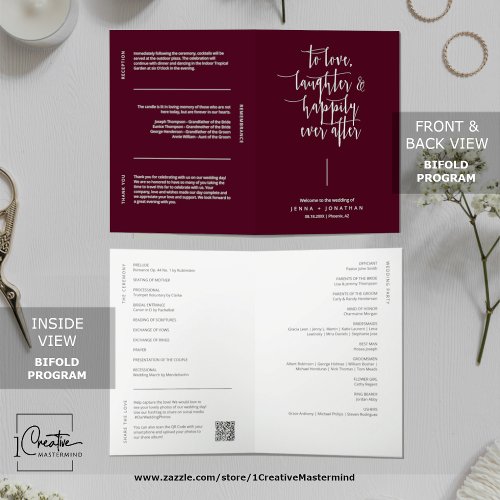 Elegant Burgundy Minimalist QR Code Wedding Folded Program