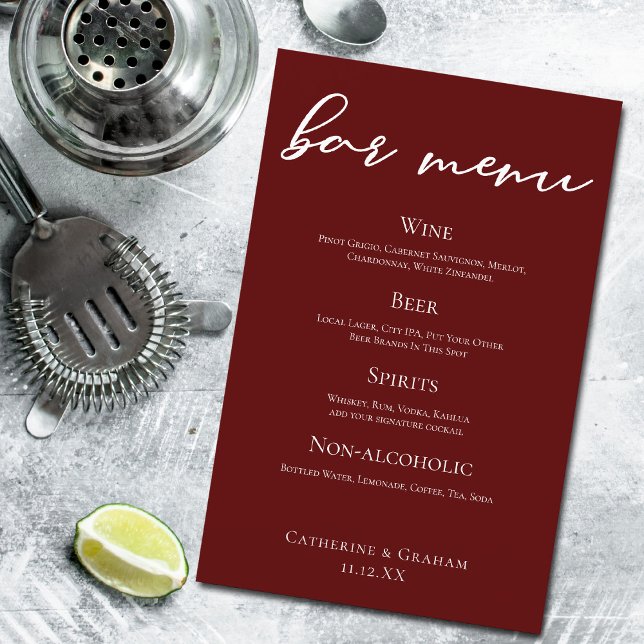 Elegant Burgundy Minimalist Wedding Bar Menu (Creator Uploaded)