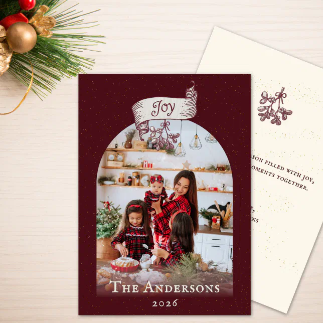 Elegant Burgundy Mistletoe Arch Family Photo Holiday Card